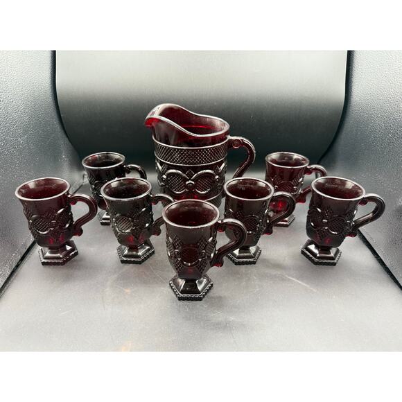 Vintage Avon Cape Cod Ruby Red Glass Footed Mugs with Matching Pitcher - Picture 2 of 8